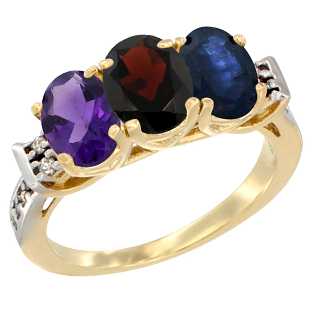 14K Yellow Gold Natural Amethyst, Garnet & Blue Sapphire Ring 3-Stone 7x5 mm Oval Diamond Accent, sizes 5 - 10