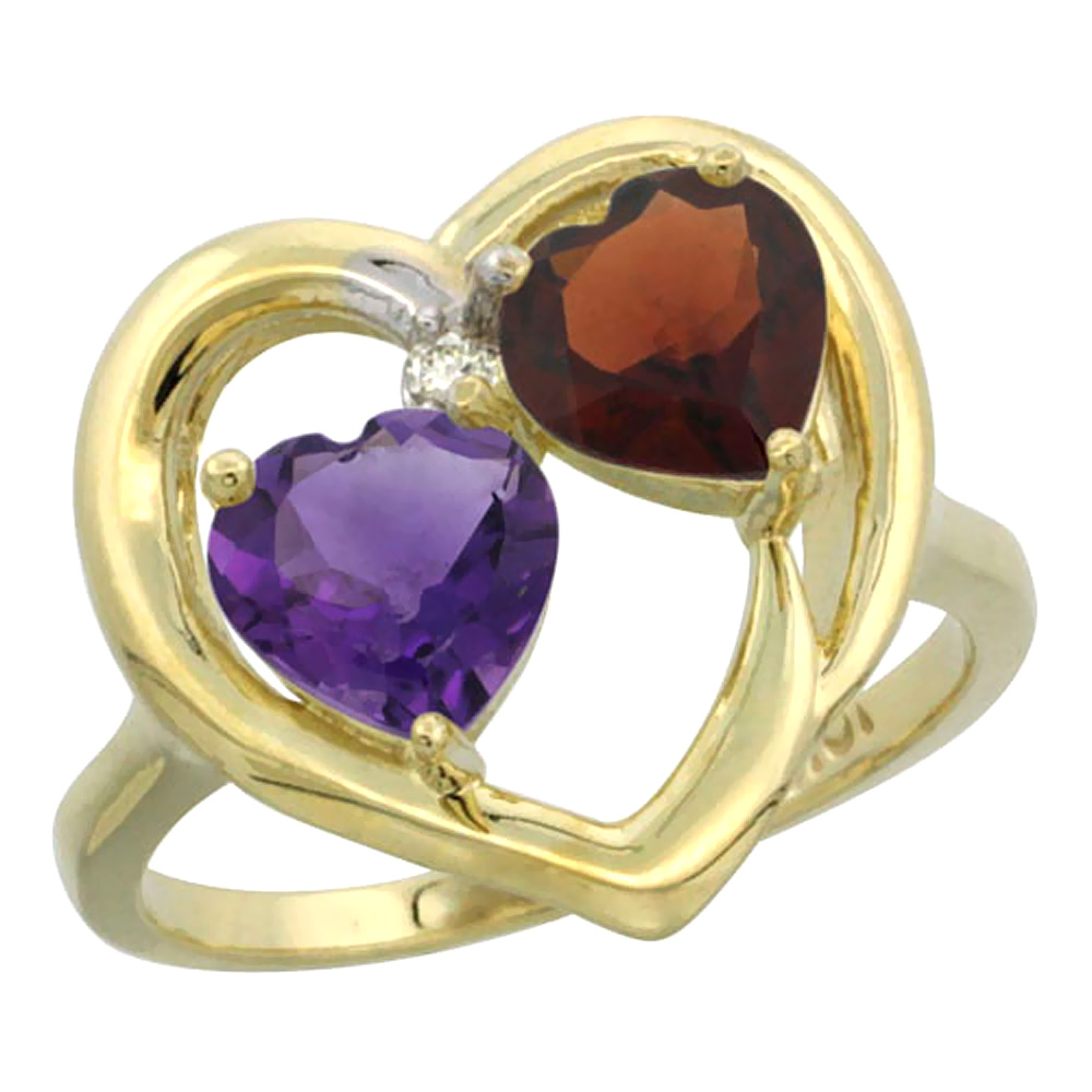 14K Yellow Gold Diamond Two-stone Heart Ring 6mm Natural Amethyst & Garnet, sizes 5-10