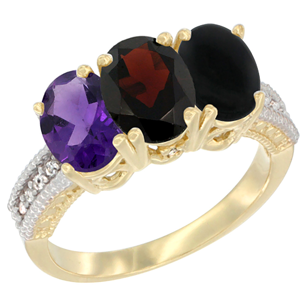 14K Yellow Gold Natural Amethyst, Garnet & Black Onyx Ring 3-Stone 7x5 mm Oval Diamond Accent, sizes 5 - 10