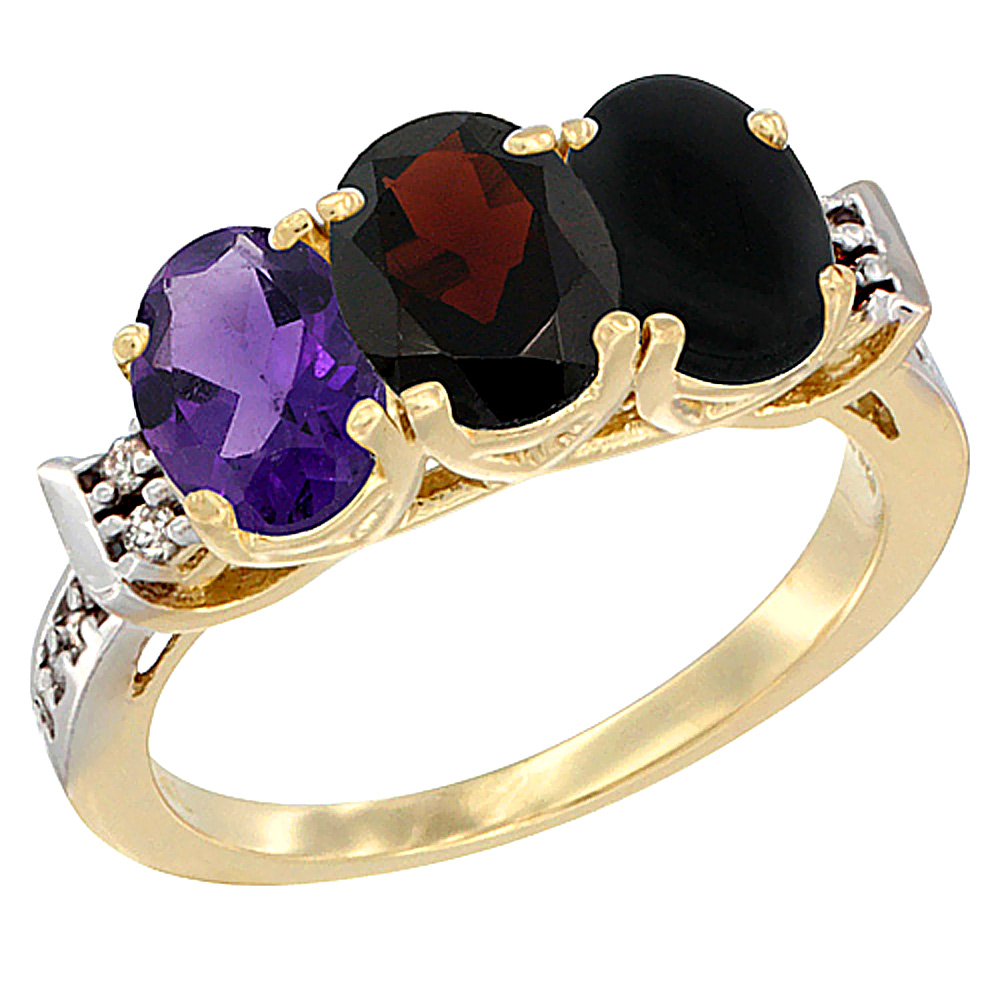 10K Yellow Gold Natural Amethyst, Garnet & Black Onyx Ring 3-Stone Oval 7x5 mm Diamond Accent, sizes 5 - 10