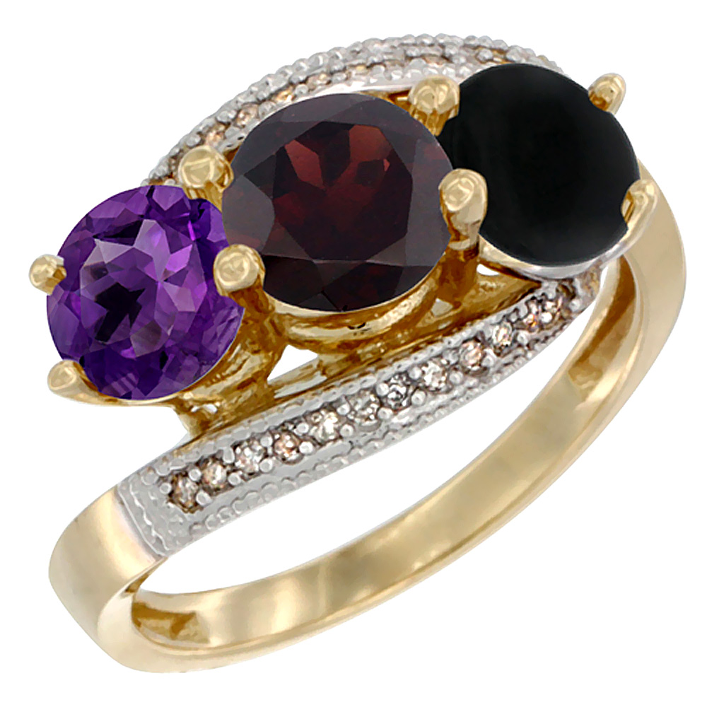 14K Yellow Gold Natural Amethyst, Garnet & Black Onyx 3 stone Ring Round 6mm Diamond Accent, sizes 5 - 10