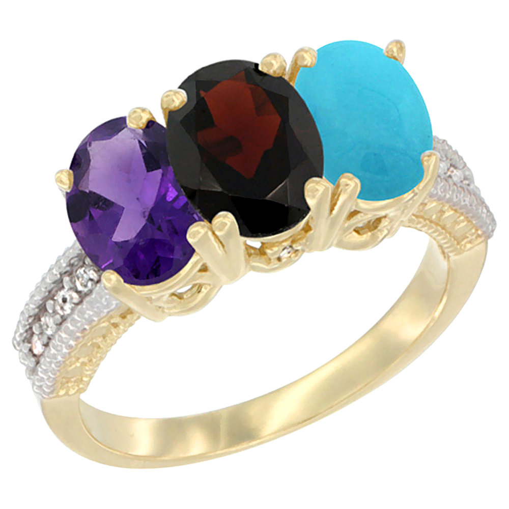 10K Yellow Gold Diamond Natural Amethyst, Garnet &amp; Turquoise Ring Oval 3-Stone 7x5 mm,sizes 5-10