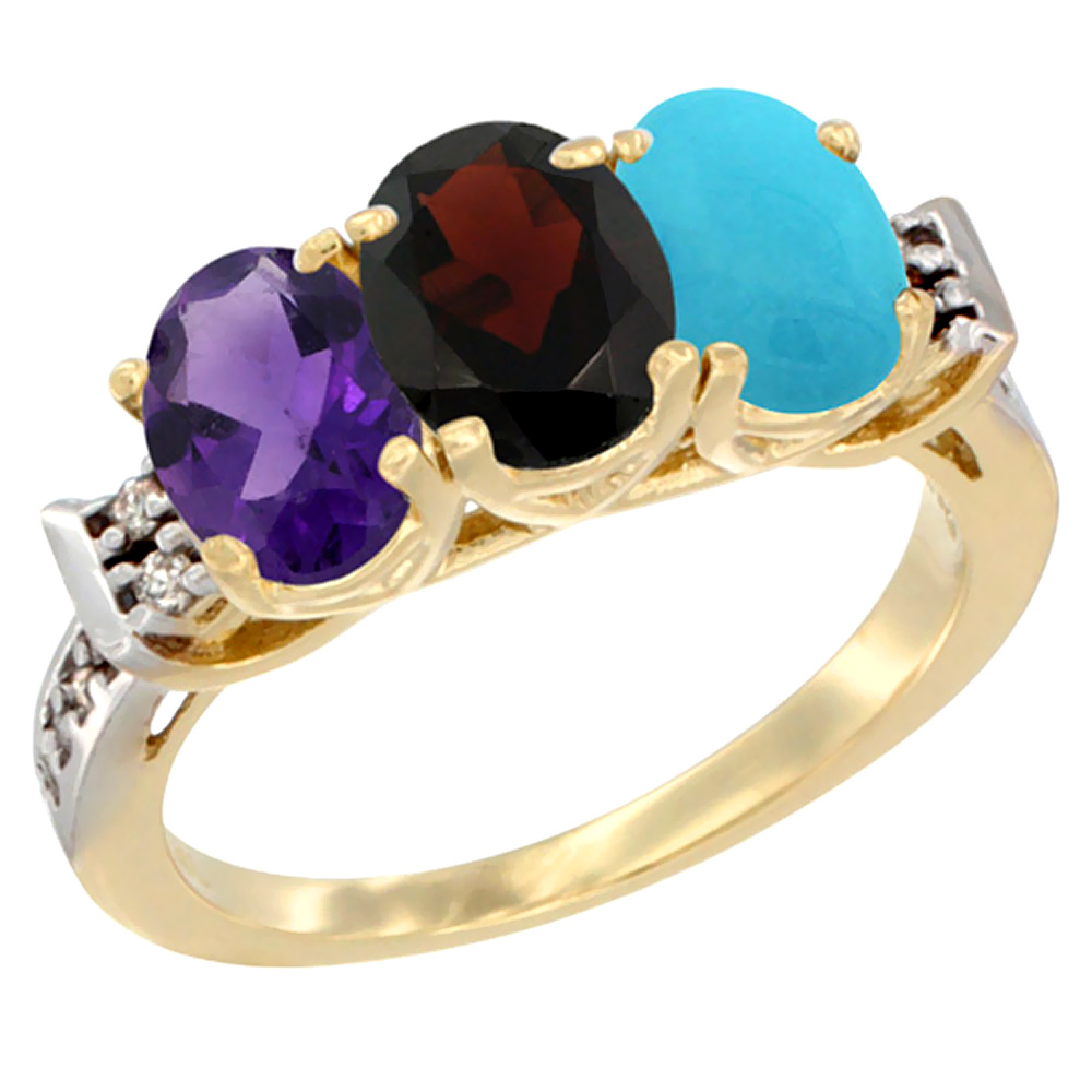 14K Yellow Gold Natural Amethyst, Garnet & Turquoise Ring 3-Stone 7x5 mm Oval Diamond Accent, sizes 5 - 10