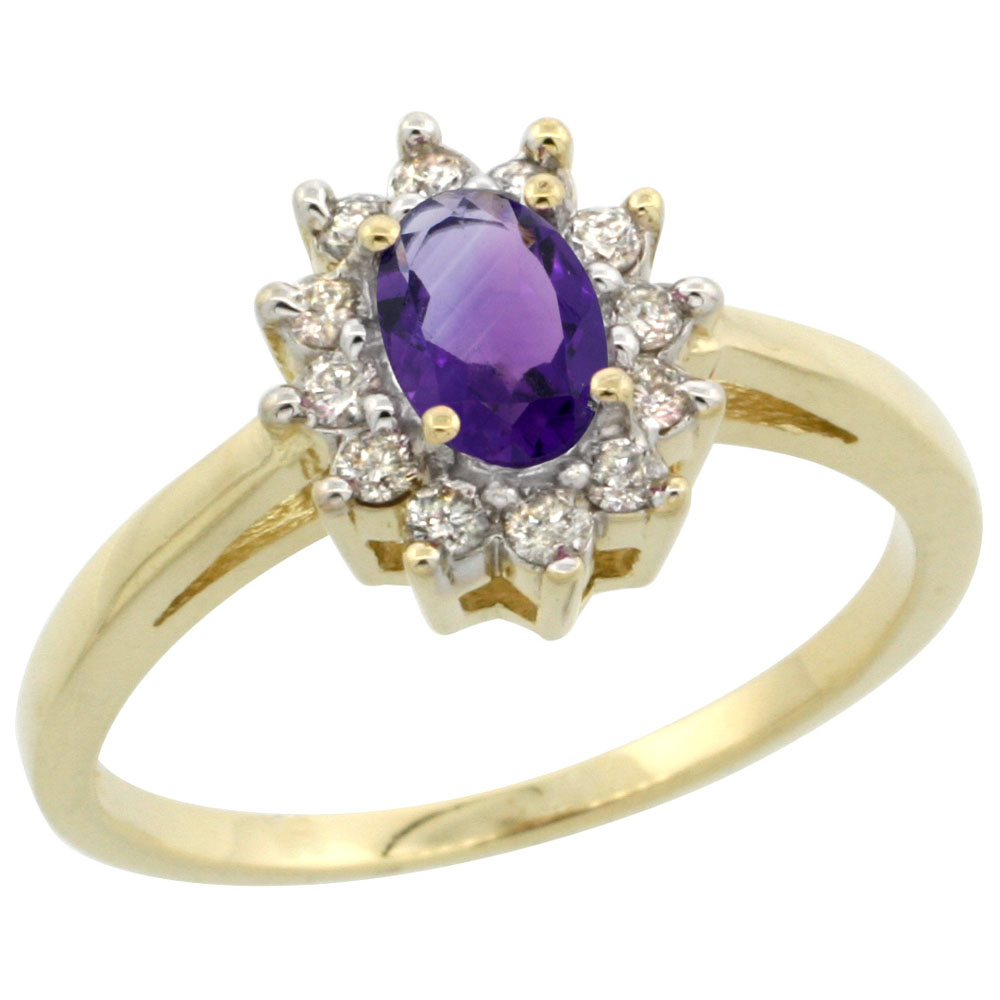 14K Yellow Gold Natural Amethyst Flower Diamond Halo Ring Oval 6x4 mm, sizes 5-10