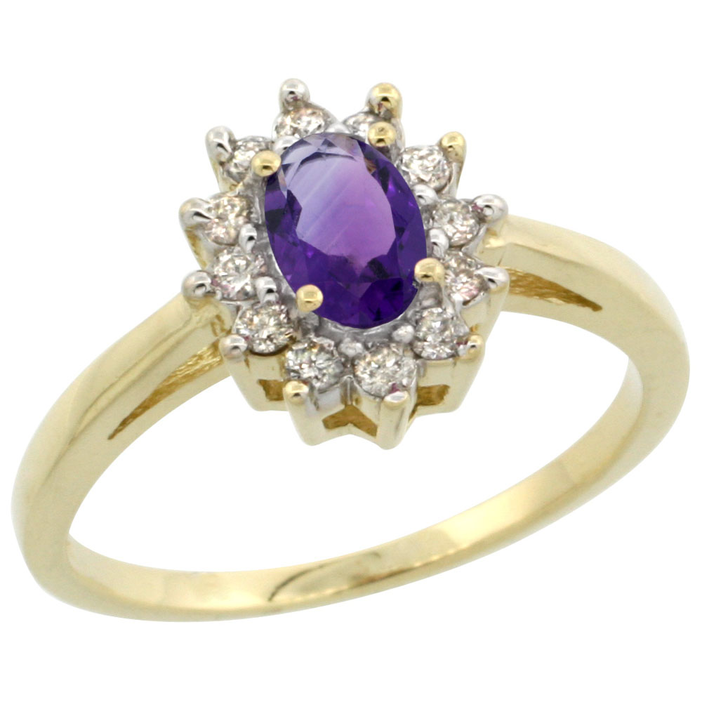 10K Yellow Gold Diamond Halo Genuine Amethyst Flower Ring Oval 6x4 mm sizes 5-10