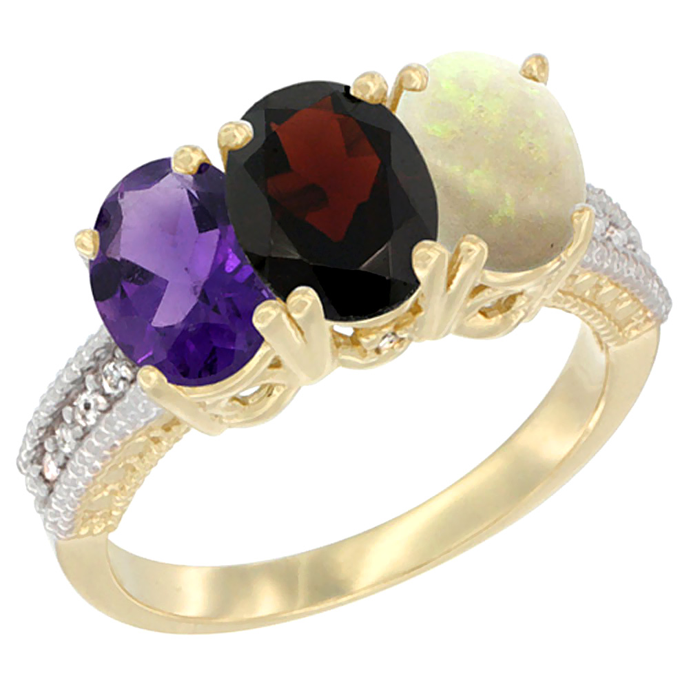 10K Yellow Gold Diamond Natural Amethyst, Garnet & Opal Ring Oval 3-Stone 7x5 mm,sizes 5-10