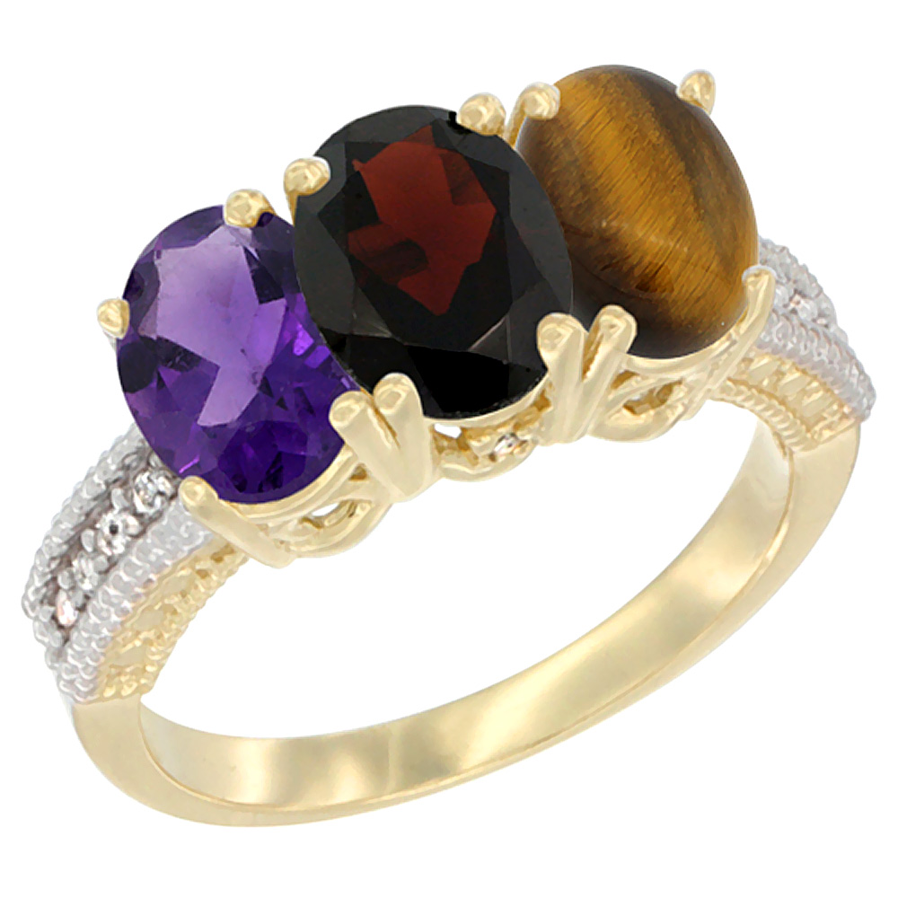 14K Yellow Gold Natural Amethyst, Garnet & Tiger Eye Ring 3-Stone 7x5 mm Oval Diamond Accent, sizes 5 - 10