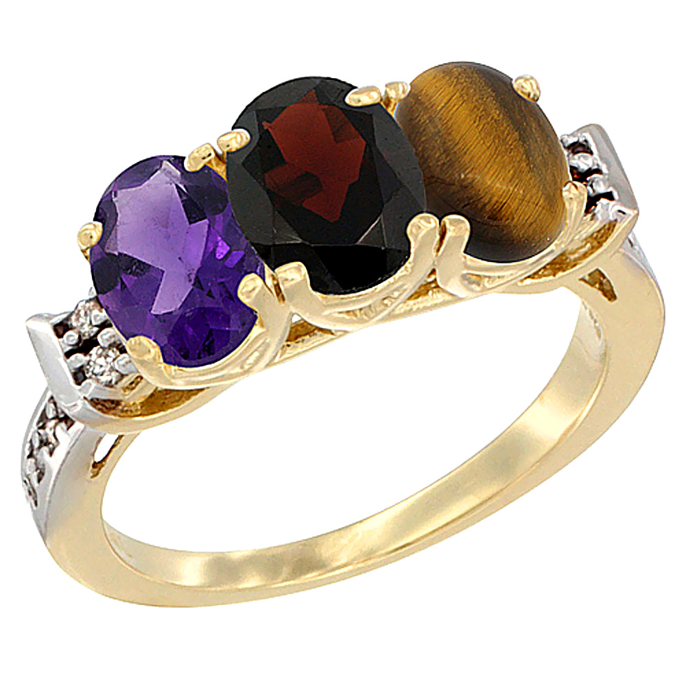 10K Yellow Gold Natural Amethyst, Garnet &amp; Tiger Eye Ring 3-Stone Oval 7x5 mm Diamond Accent, sizes 5 - 10