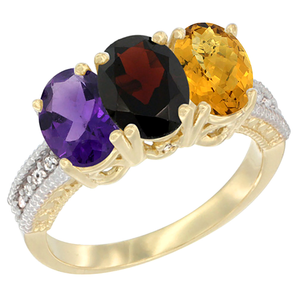 10K Yellow Gold Diamond Natural Amethyst, Garnet & Whisky Quartz Ring Oval 3-Stone 7x5 mm,sizes 5-10