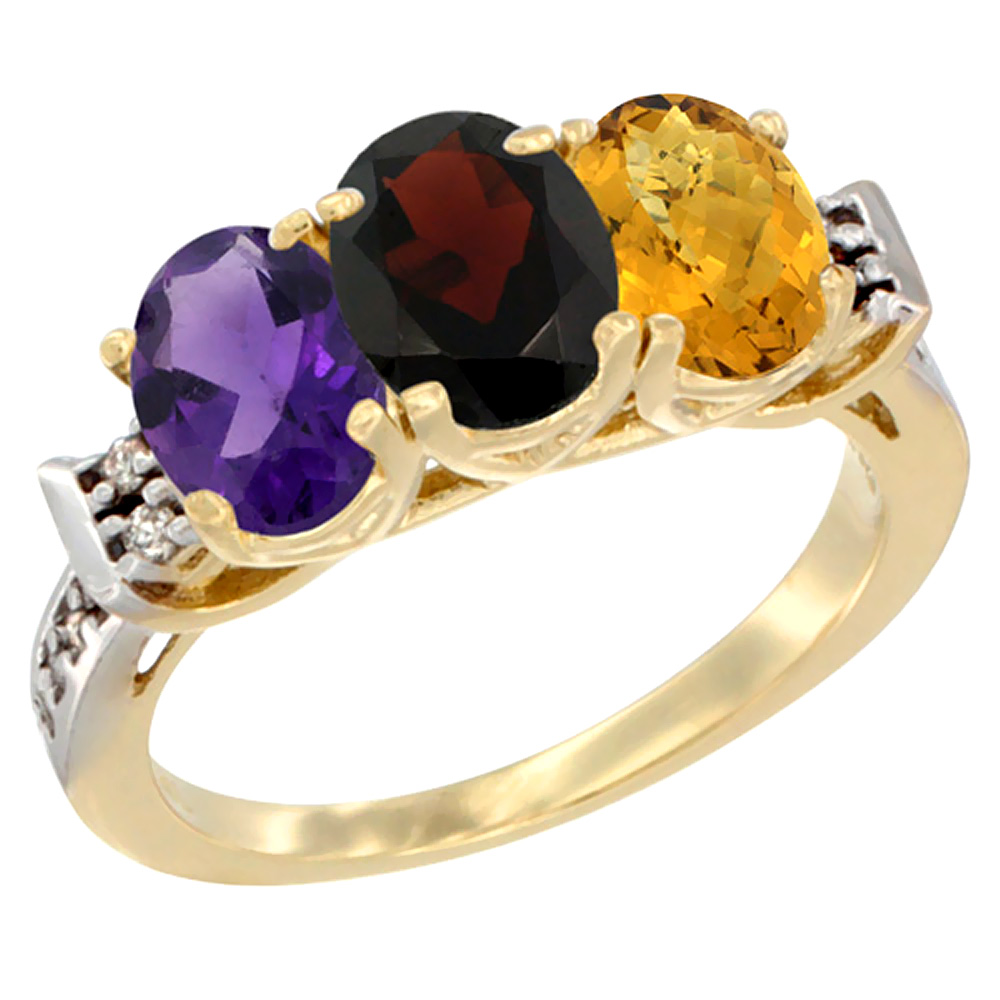 10K Yellow Gold Natural Amethyst, Garnet & Whisky Quartz Ring 3-Stone Oval 7x5 mm Diamond Accent, sizes 5 - 10