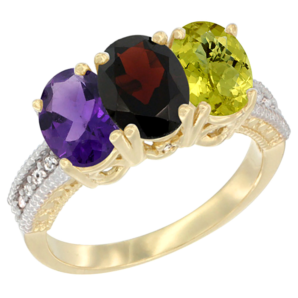 14K Yellow Gold Natural Amethyst, Garnet & Lemon Quartz Ring 3-Stone 7x5 mm Oval Diamond Accent, sizes 5 - 10