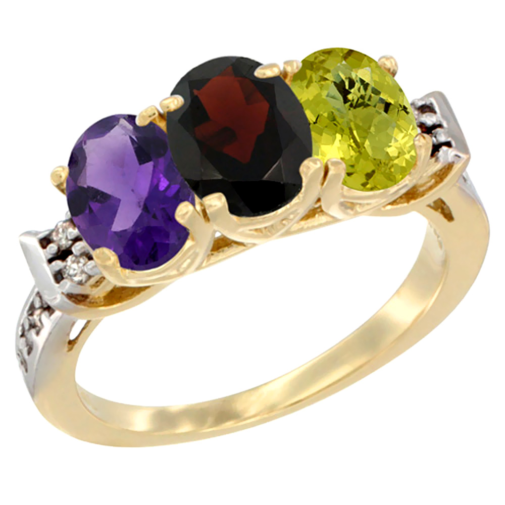 14K Yellow Gold Natural Amethyst, Garnet & Lemon Quartz Ring 3-Stone 7x5 mm Oval Diamond Accent, sizes 5 - 10