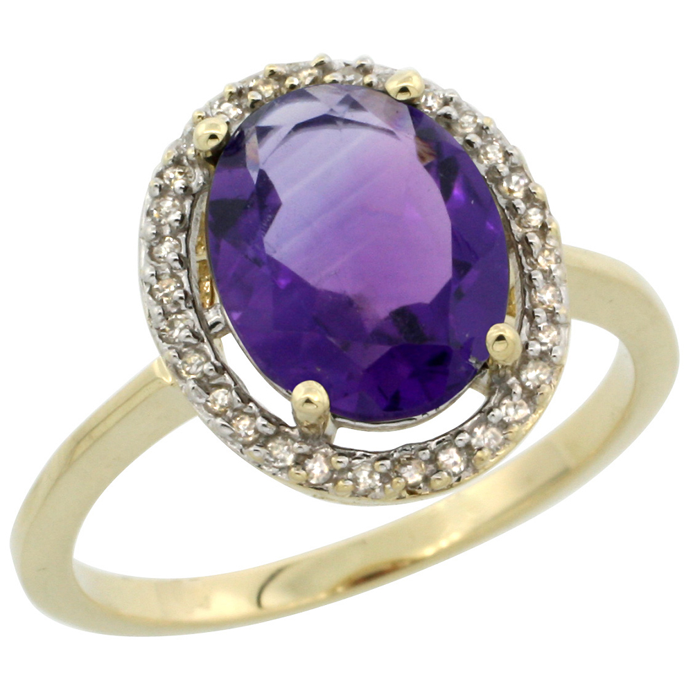 10K Yellow Gold Diamond Halo Natural Amethyst Engagement Ring Oval 10x8 mm, sizes 5-10