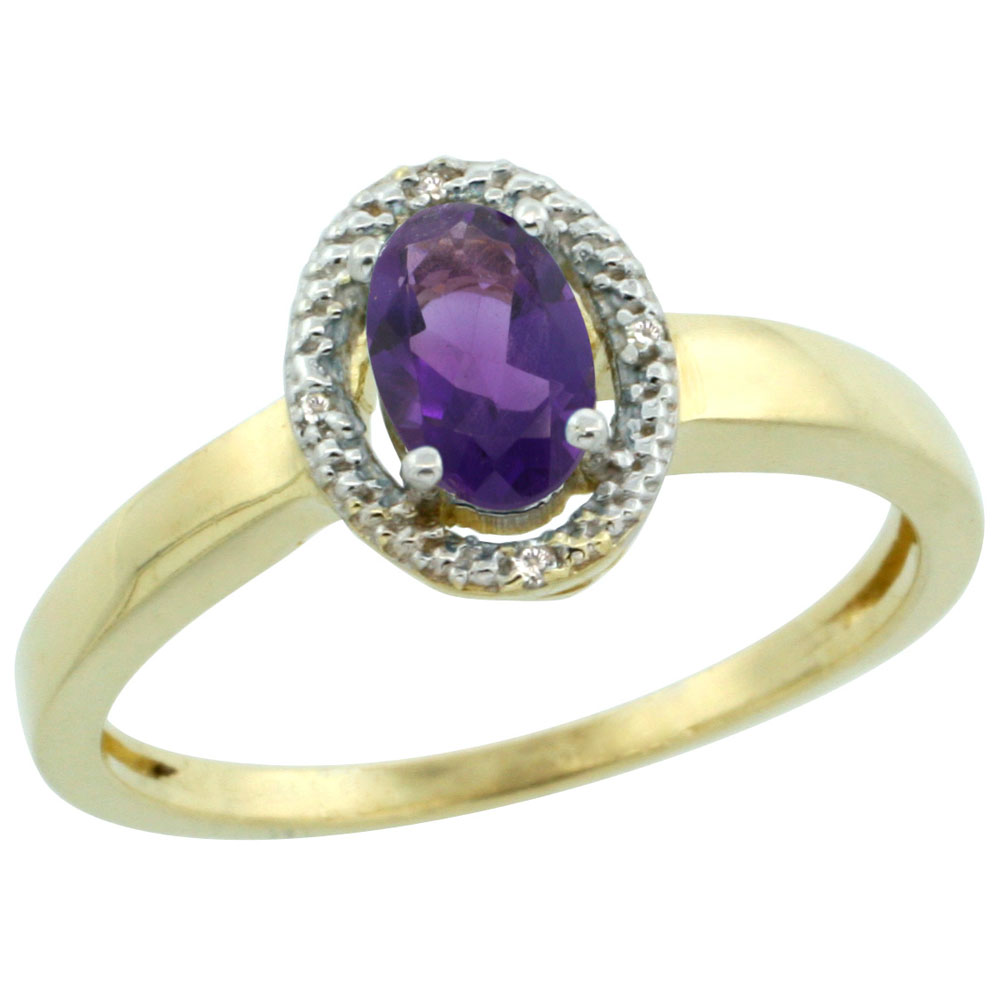 10K Yellow Gold Diamond Halo Genuine Amethyst Engagement Ring Oval 6X4 mm sizes 5-10