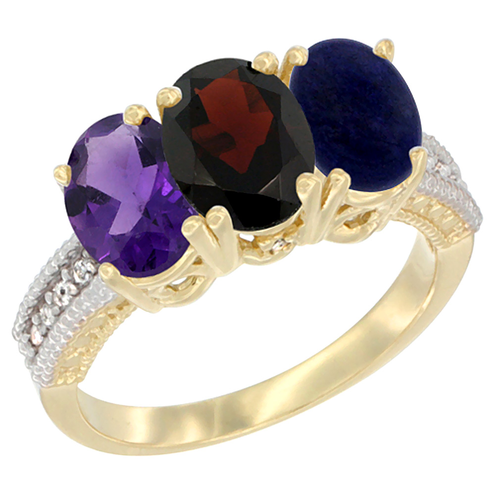 14K Yellow Gold Natural Amethyst, Garnet & Lapis Ring 3-Stone 7x5 mm Oval Diamond Accent, sizes 5 - 10