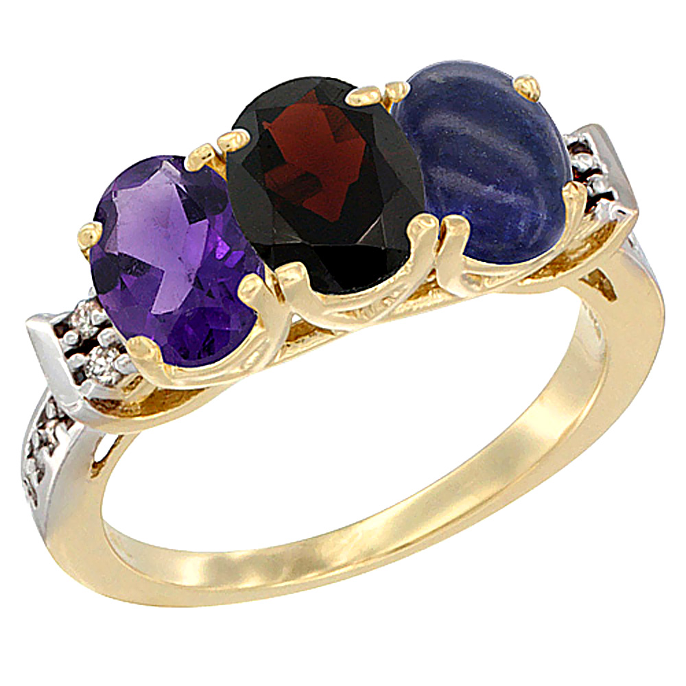 14K Yellow Gold Natural Amethyst, Garnet & Lapis Ring 3-Stone 7x5 mm Oval Diamond Accent, sizes 5 - 10