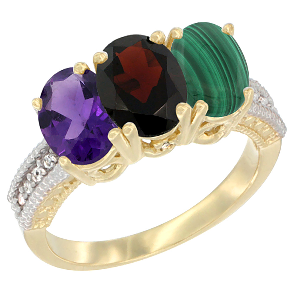 14K Yellow Gold Natural Amethyst, Garnet & Malachite Ring 3-Stone 7x5 mm Oval Diamond Accent, sizes 5 - 10