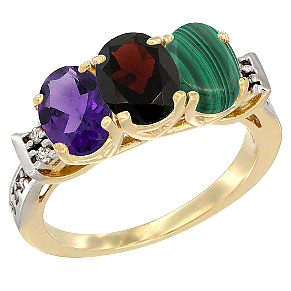 10K Yellow Gold Natural Amethyst, Garnet &amp; Malachite Ring 3-Stone Oval 7x5 mm Diamond Accent, sizes 5 - 10