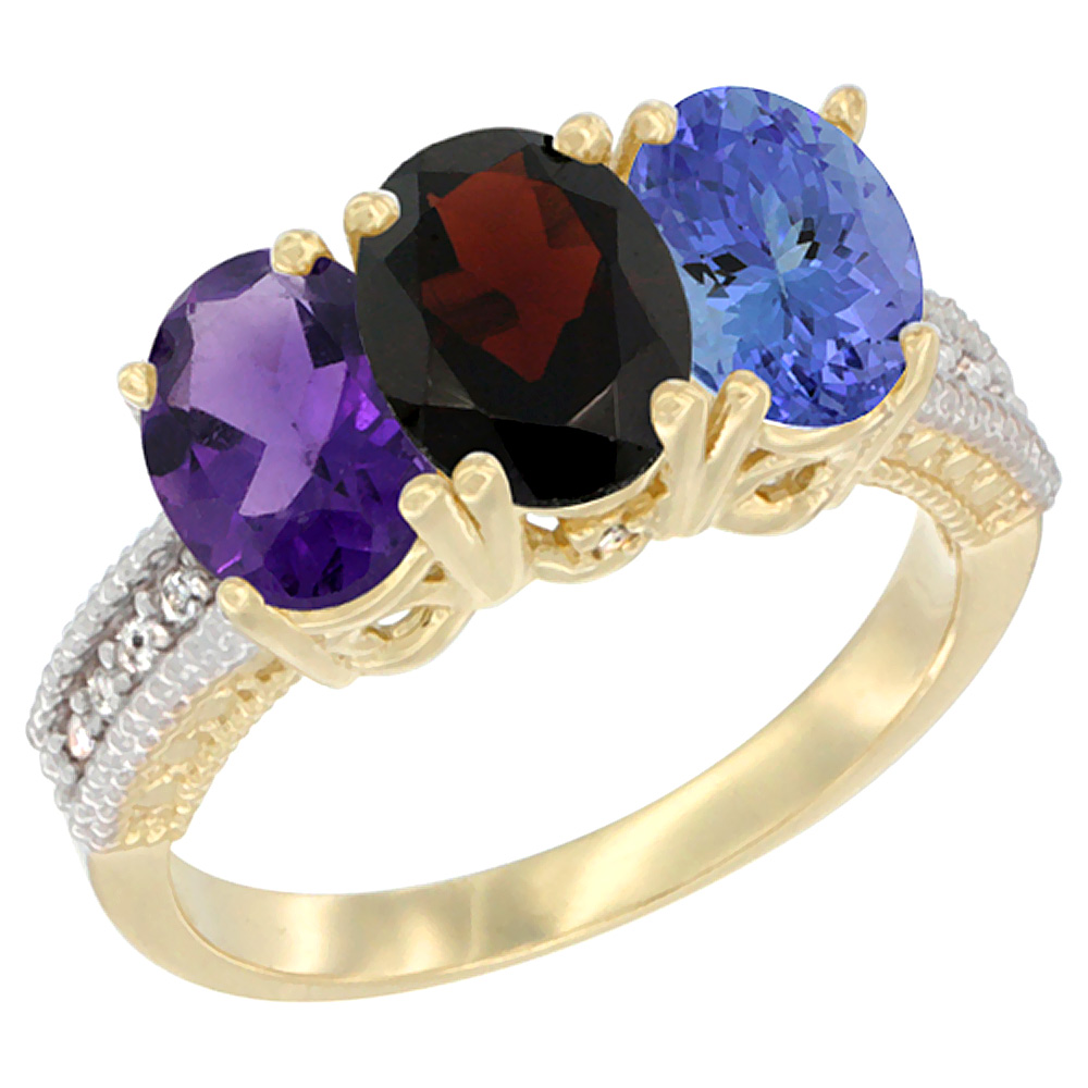 14K Yellow Gold Natural Amethyst, Garnet & Tanzanite Ring 3-Stone 7x5 mm Oval Diamond Accent, sizes 5 - 10