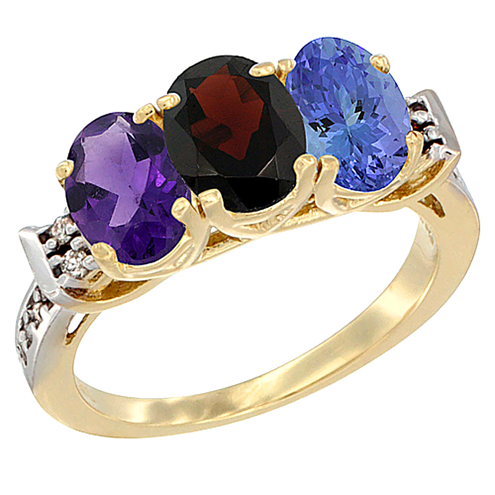 14K Yellow Gold Natural Amethyst, Garnet & Tanzanite Ring 3-Stone 7x5 mm Oval Diamond Accent, sizes 5 - 10