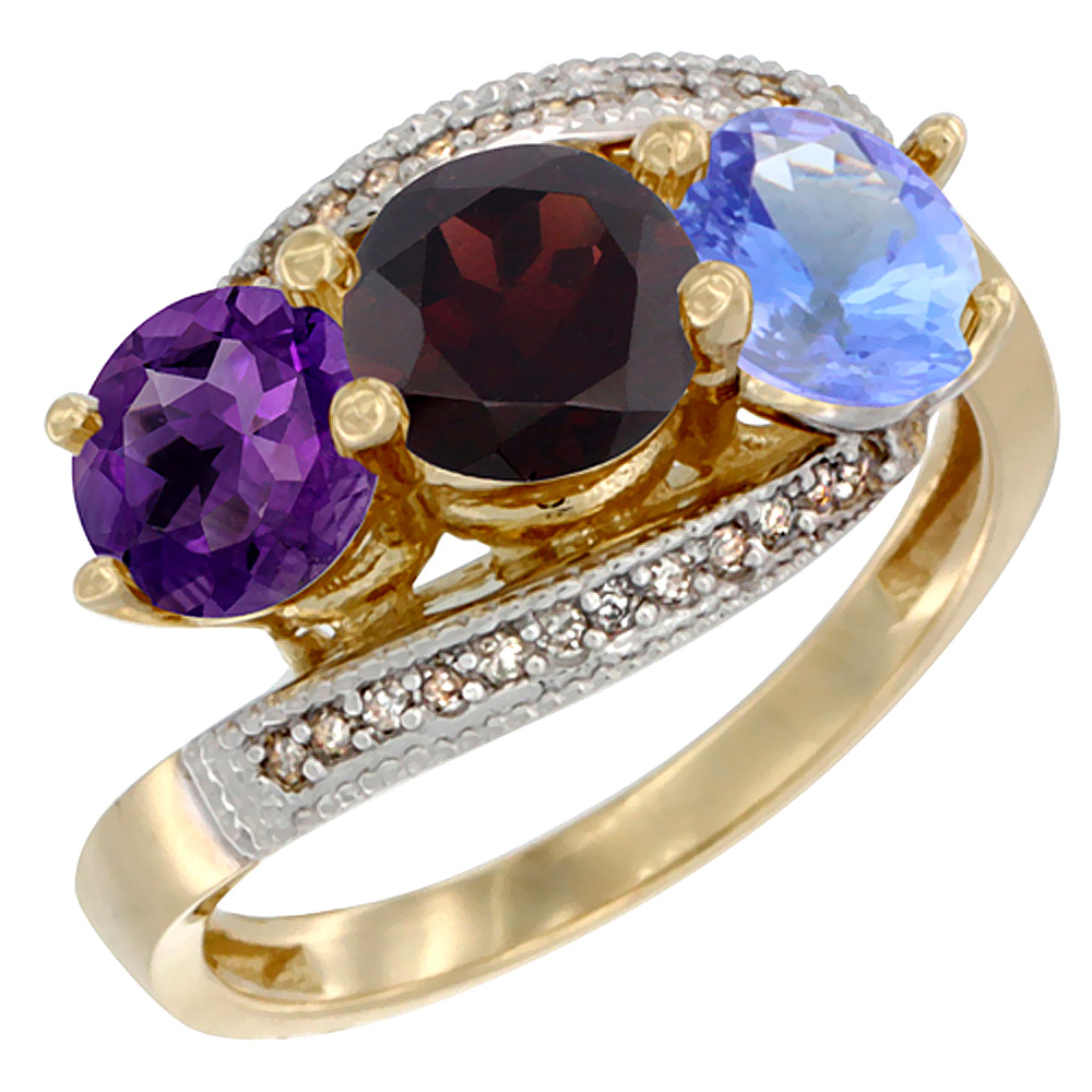 10K Yellow Gold Natural Amethyst, Garnet &amp; Tanzanite 3 stone Ring Round 6mm Diamond Accent, sizes 5 - 10