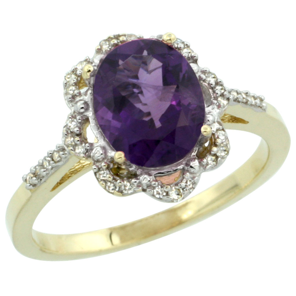 14K Yellow Gold Diamond Halo Natural Amethyst Engagement Ring Oval 9x7mm, sizes 5-10