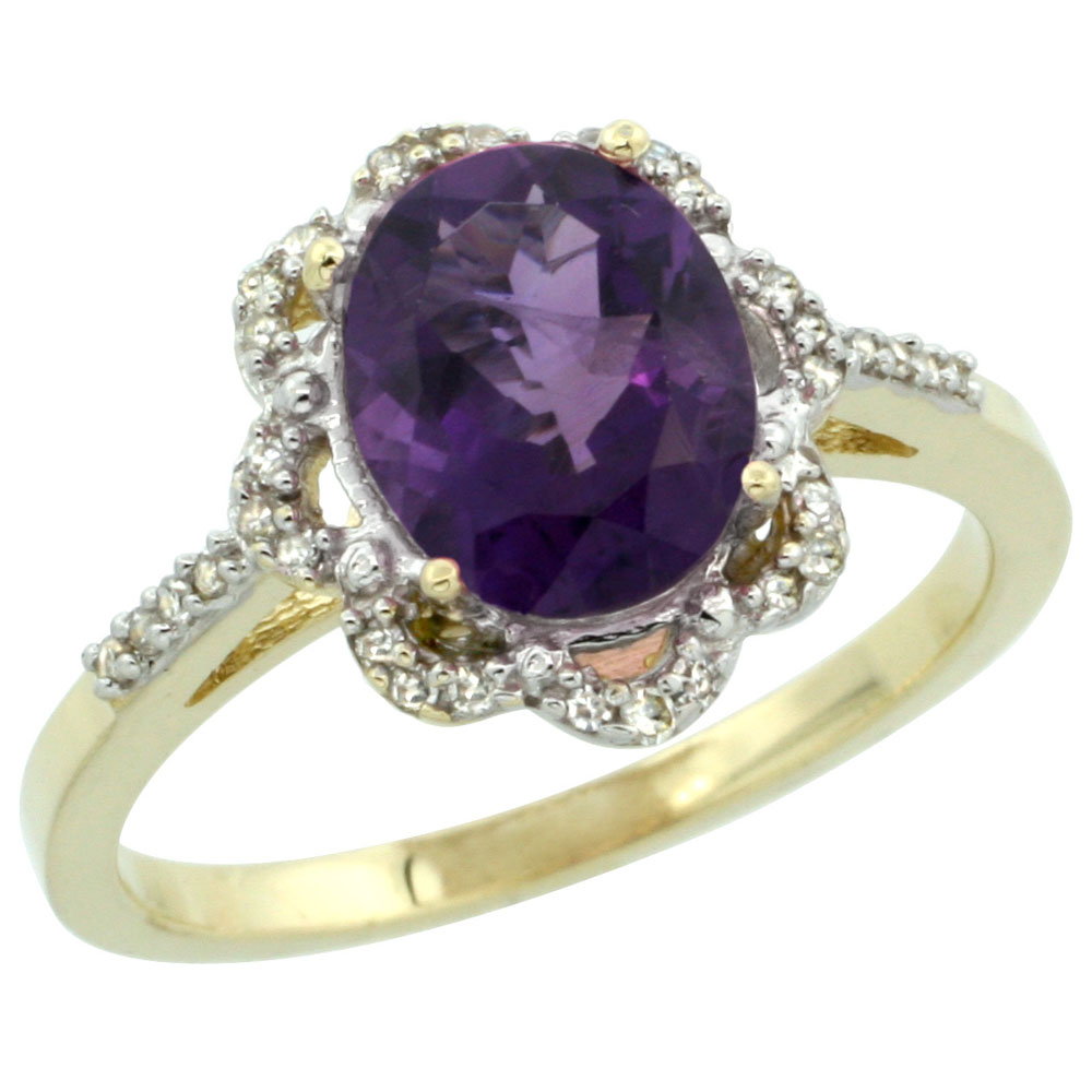 10K Yellow Gold Diamond Halo Genuine Amethyst Engagement Ring Oval 9x7mm sizes 5-10