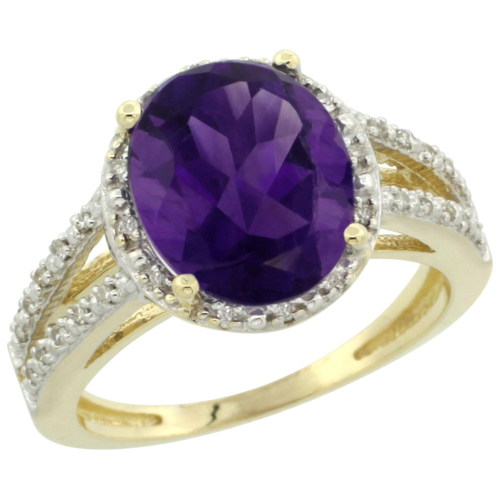 14K Yellow Gold Natural Amethyst Diamond Halo Ring Oval 11x9mm, sizes 5-10
