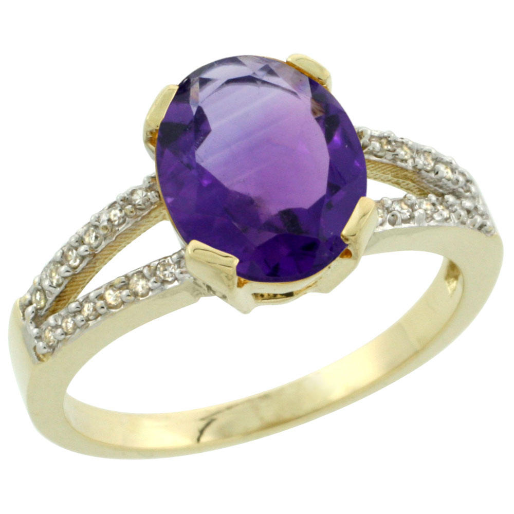 10K Yellow Gold Diamond Genuine Amethyst Engagement Ring Oval 10x8mm sizes 5-10