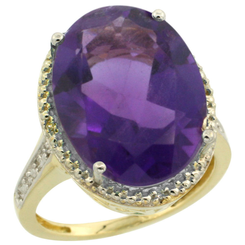 14K Yellow Gold Diamond Natural Amethyst Ring Oval 18x13mm, sizes 5-10