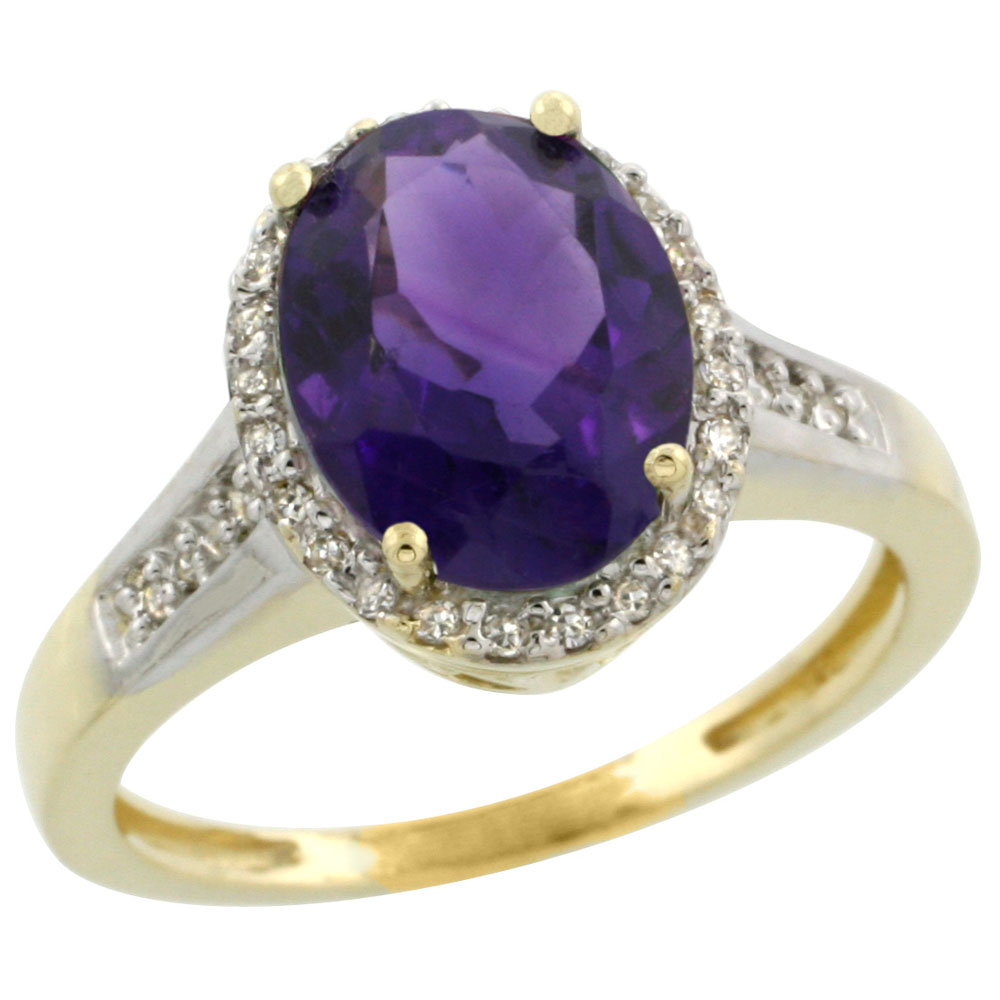 14K Yellow Gold Diamond Natural Amethyst Engagement Ring Oval 10x8mm, sizes 5-10