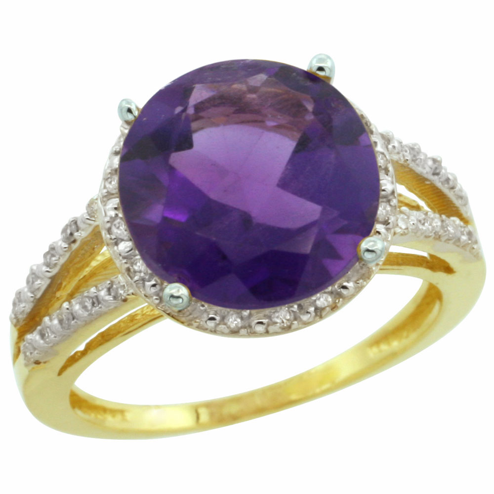 14K Yellow Gold Diamond Natural Amethyst Ring Round 11mm, sizes 5-10