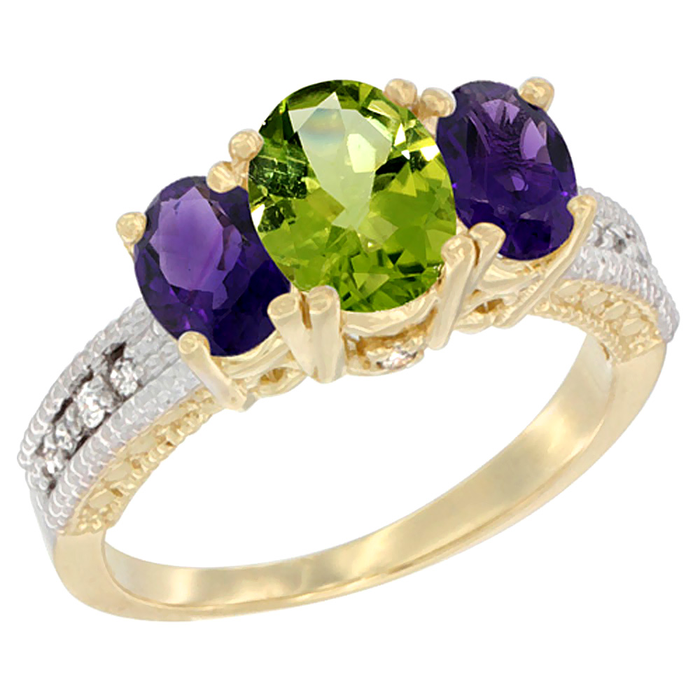 10K Yellow Gold Diamond Natural Peridot Ring Oval 3-stone with Amethyst, sizes 5 - 10