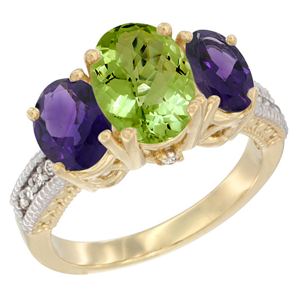 14K Yellow Gold Diamond Natural Peridot Ring 3-Stone Oval 8x6mm with Amethyst, sizes5-10