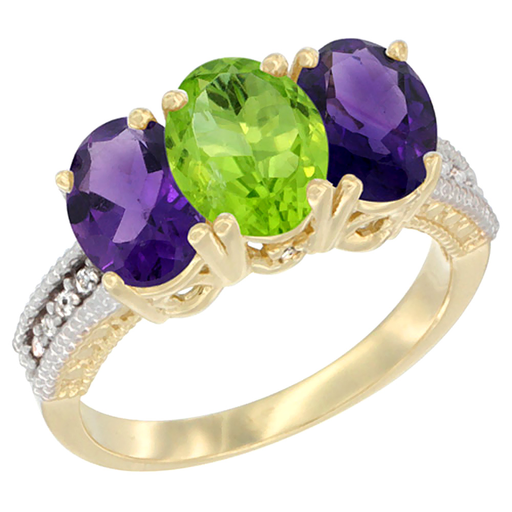 14K Yellow Gold Natural Peridot & Amethyst Ring 3-Stone 7x5 mm Oval Diamond Accent, sizes 5 - 10