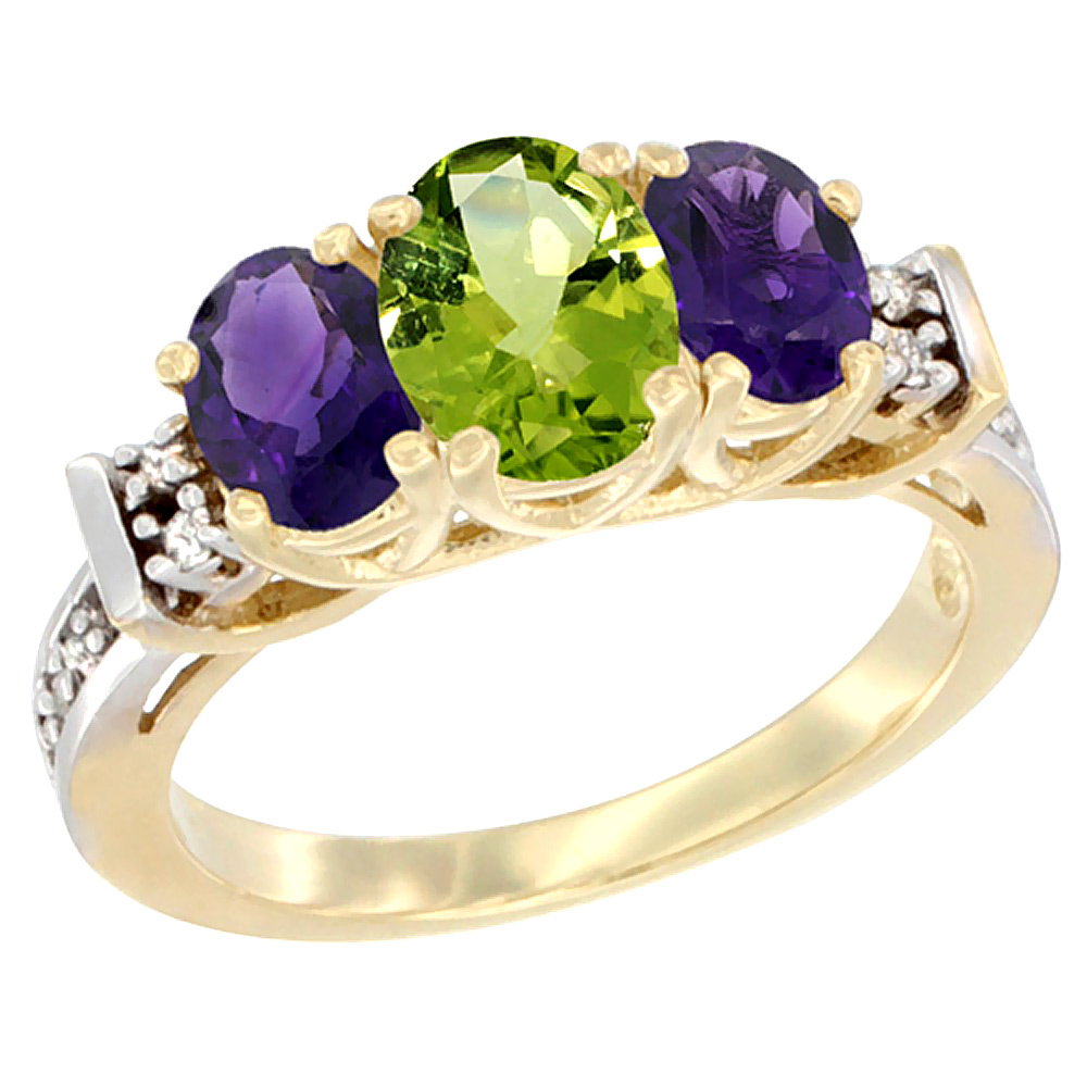 14K Yellow Gold Natural Peridot & Amethyst Ring 3-Stone Oval Diamond Accent