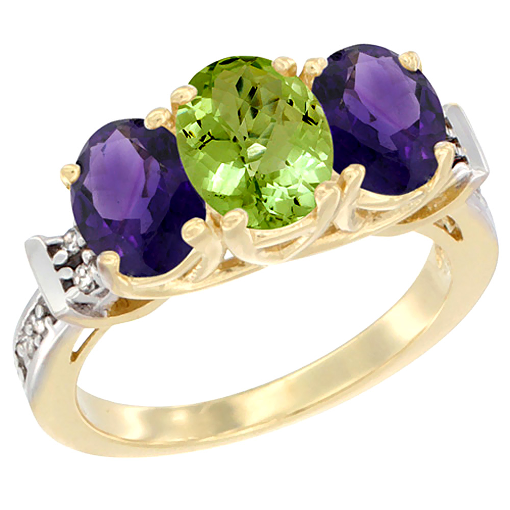 14K Yellow Gold Natural Peridot & Amethyst Sides Ring 3-Stone Oval Diamond Accent, sizes 5 - 10
