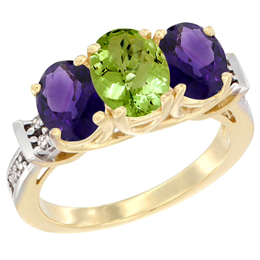 10K Yellow Gold Natural Peridot &amp; Amethyst Sides Ring 3-Stone Oval Diamond Accent, sizes 5 - 10