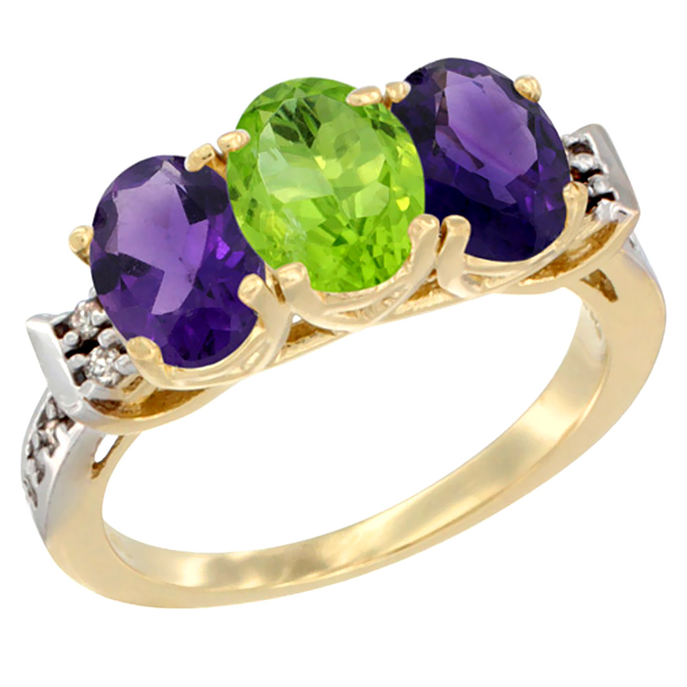 10K Yellow Gold Natural Peridot & Amethyst Sides Ring 3-Stone Oval 7x5 mm Diamond Accent, sizes 5 - 10