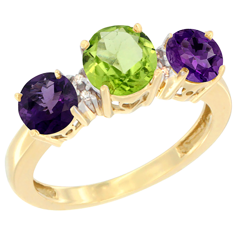 10K Yellow Gold Round 3-Stone Natural Peridot Ring &amp; Amethyst Sides Diamond Accent, sizes 5 - 10