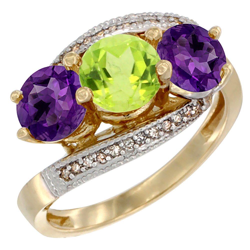 14K Yellow Gold Natural Peridot &amp; Amethyst Sides 3 stone Ring Round 6mm Diamond Accent, sizes 5 - 10