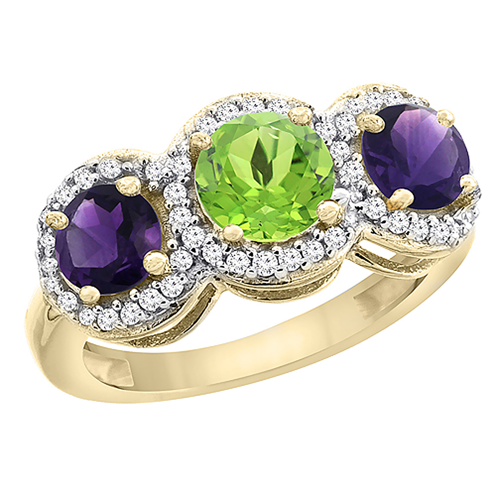 14K Yellow Gold Natural Peridot &amp; Amethyst Sides Round 3-stone Ring Diamond Accents, sizes 5 - 10