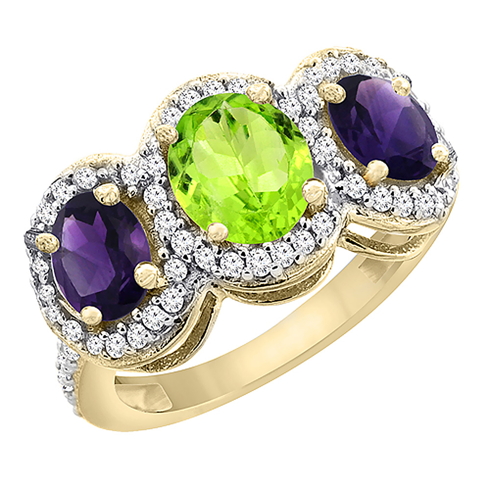 10K Yellow Gold Natural Peridot &amp; Amethyst 3-Stone Ring Oval Diamond Accent, sizes 5 - 10