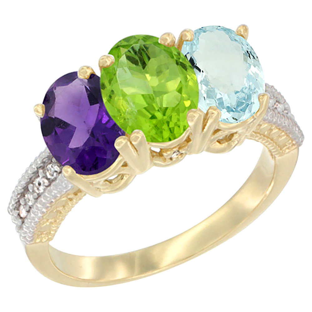 14K Yellow Gold Natural Amethyst, Peridot & Aquamarine Ring 3-Stone 7x5 mm Oval Diamond Accent, sizes 5 - 10