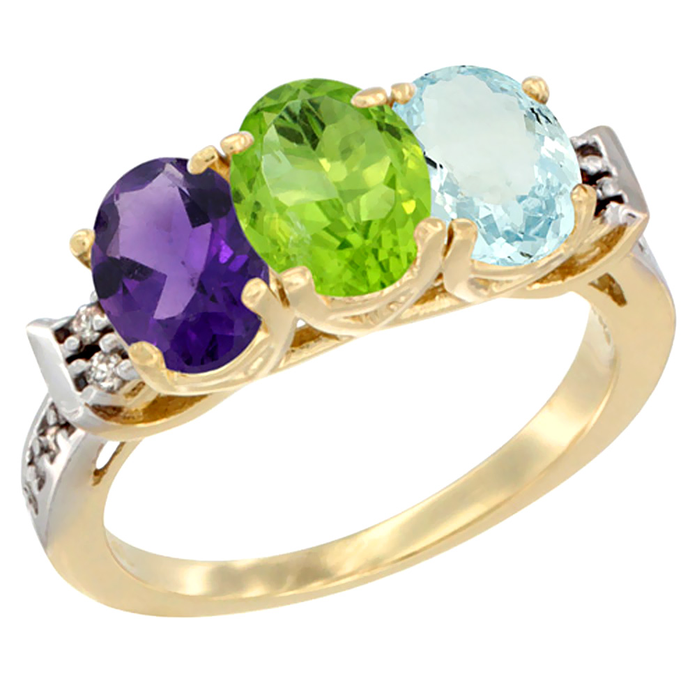 10K Yellow Gold Natural Amethyst, Peridot & Aquamarine Ring 3-Stone Oval 7x5 mm Diamond Accent, sizes 5 - 10