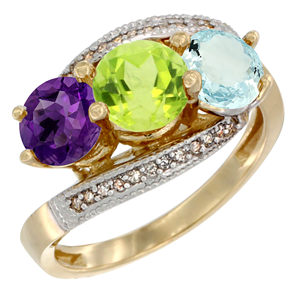 14K Yellow Gold Natural Amethyst, Peridot & Aquamarine 3 stone Ring Round 6mm Diamond Accent, sizes 5 - 10