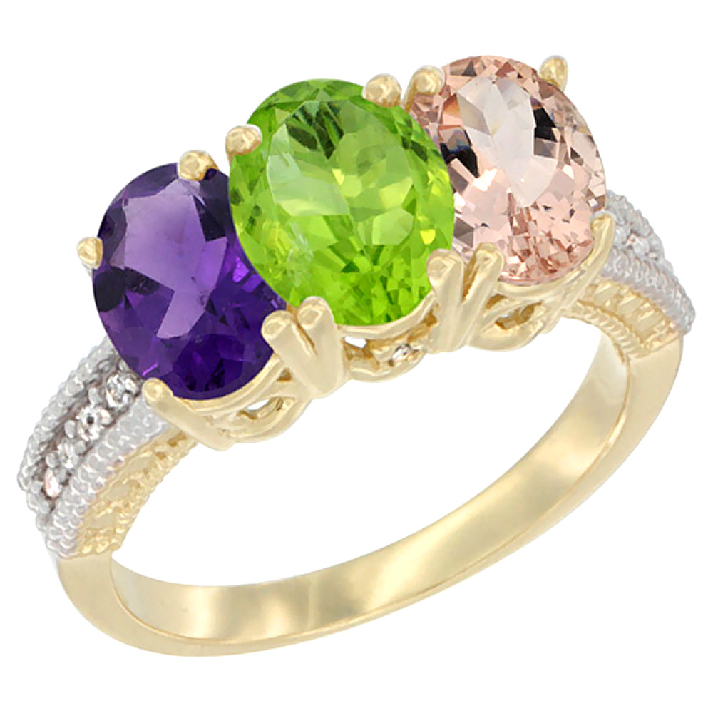 14K Yellow Gold Natural Amethyst, Peridot &amp; Morganite Ring 3-Stone 7x5 mm Oval Diamond Accent, sizes 5 - 10