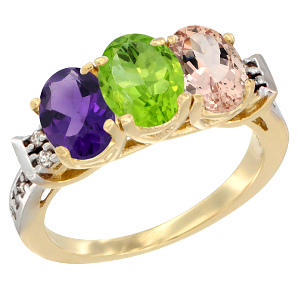 14K Yellow Gold Natural Amethyst, Peridot &amp; Morganite Ring 3-Stone 7x5 mm Oval Diamond Accent, sizes 5 - 10