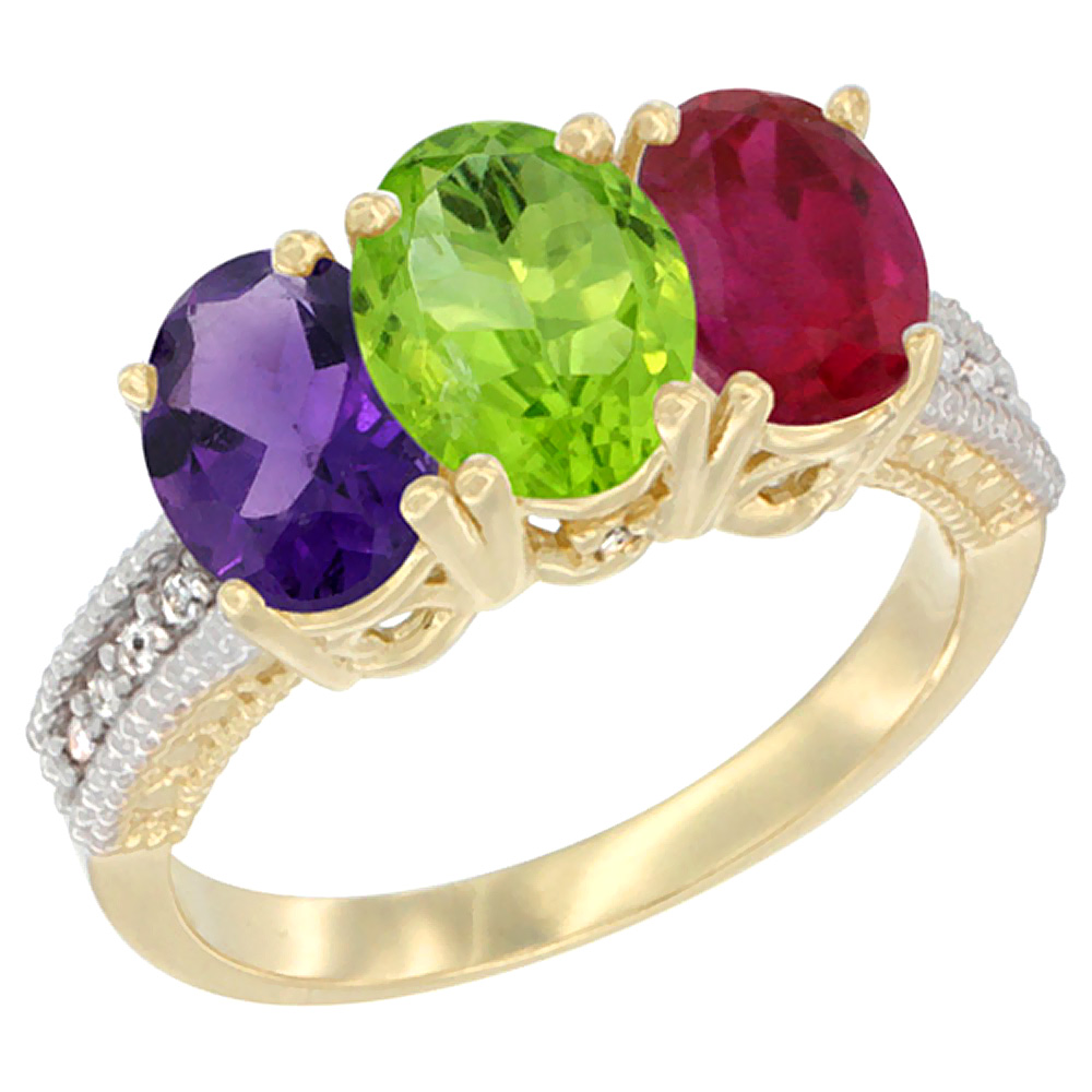 14K Yellow Gold Natural Amethyst, Peridot & Enhanced Ruby Ring 3-Stone 7x5 mm Oval Diamond Accent, sizes 5 - 10