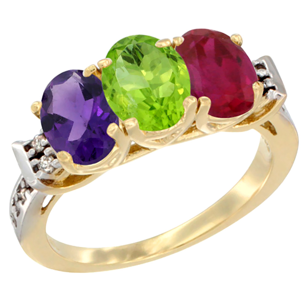 14K Yellow Gold Natural Amethyst, Peridot &amp; Enhanced Ruby Ring 3-Stone 7x5 mm Oval Diamond Accent, sizes 5 - 10